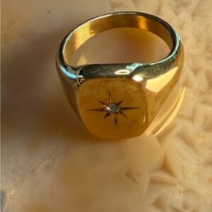 Gold Tone Starburst Signet Ring with Center Stone